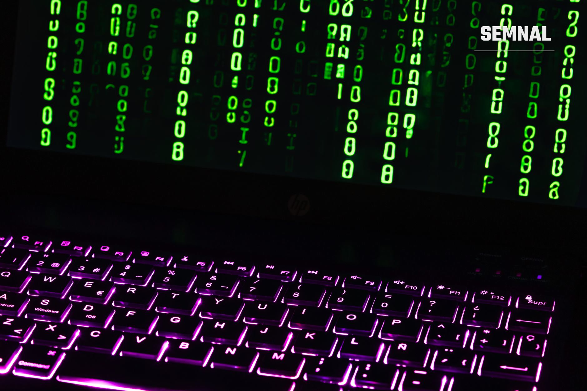 Tastatură cu iluminare neon mov și șiruri de cod binar verde curgând pe ecran într-o scenă cibernetică de hacker, pe fundal negru, reprezentând atacuri digitale.