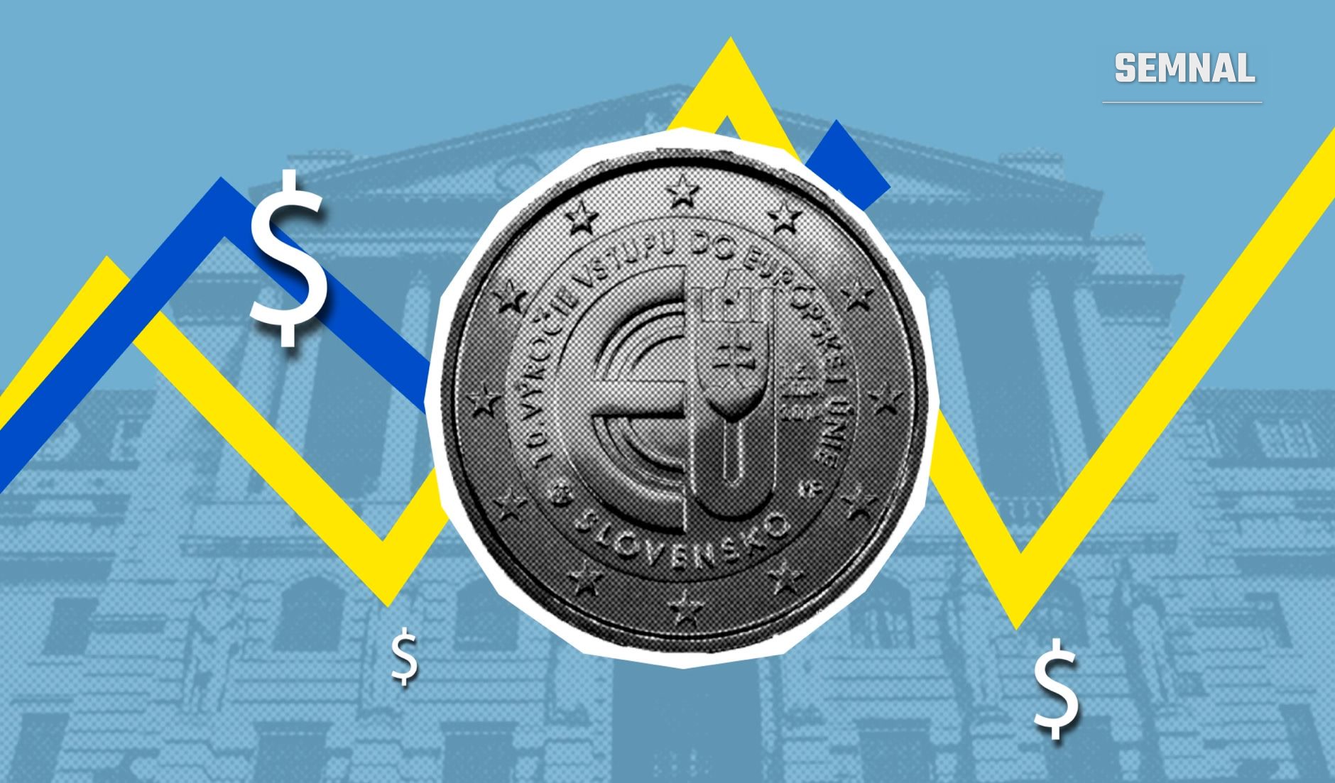 Monedă euro în prim-plan cu simbol EUR și grafice financiare cu linii albastre și galbene reprezentând fluctuații de curs, pe fundal cu clădiri institucionale europene (Foto: Monstera Production / Pexels)
