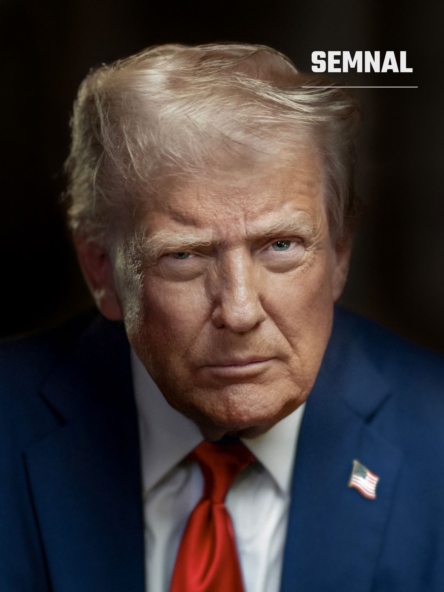 Donald Trump, președintele Statelor Unite, într-un portret în prim-plan, în costum bleumarin, cu cravată roșie și insignă cu steagul SUA. (Foto: Daniel Torok)