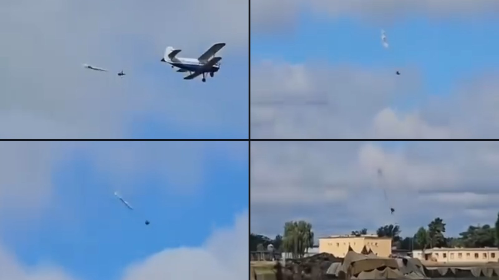 Colaj din patru cadre video: un avion An-2 în zbor, un parașutist coborând cu parașuta nedesfășurată și clădirile aerodromului Vatulino.