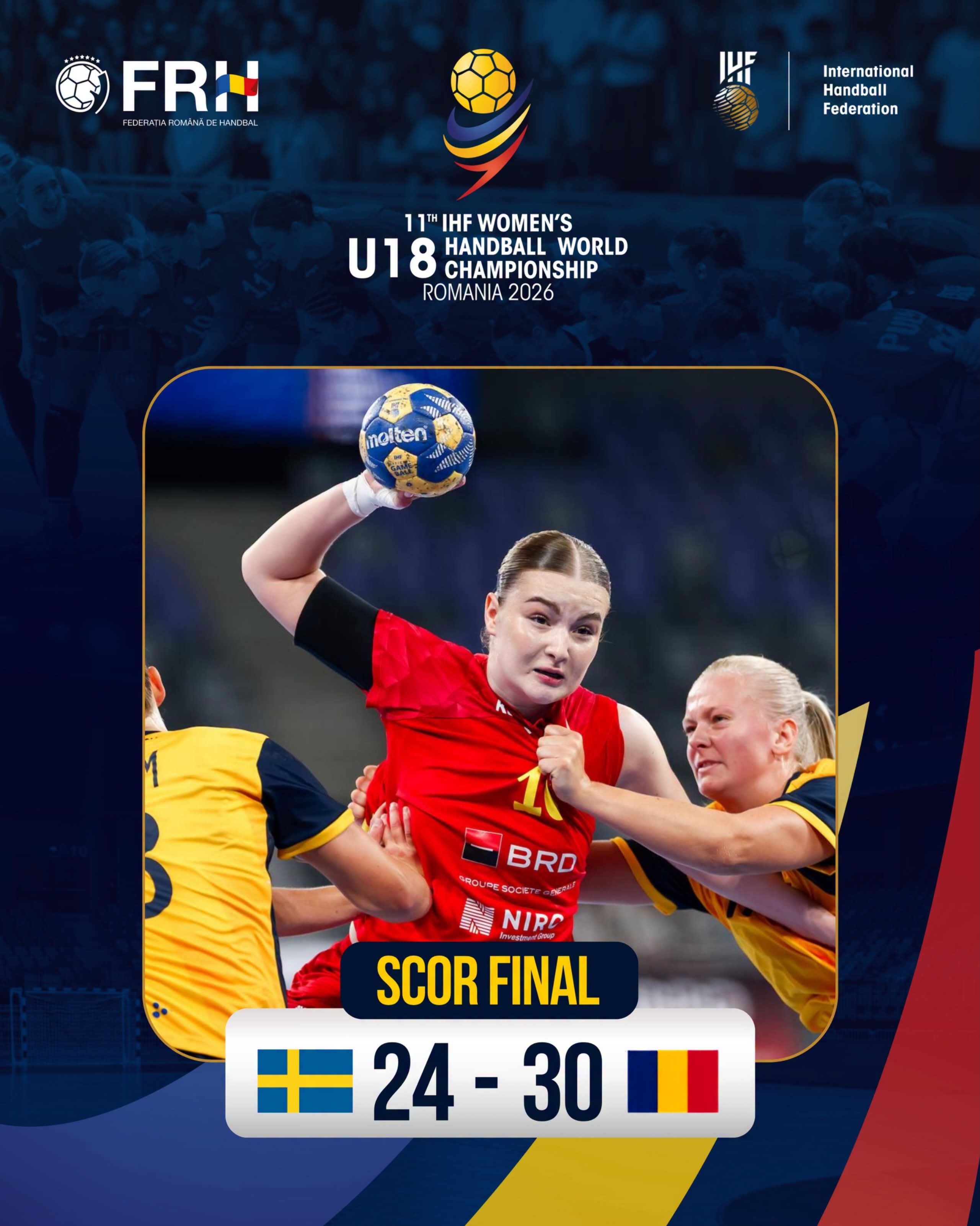 Grafica oficială FRH: scor final Suedia - România 24-30, Campionatul Mondial de handbal feminin U18