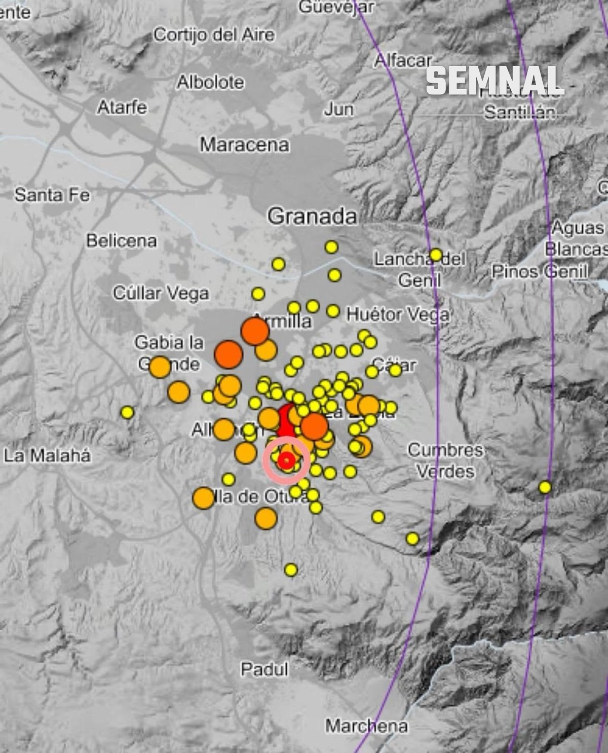 Harta seismelor înregistrate în zona Granada, cu epicentrele concentrate în jurul localităților Armilla, Alhendín și Gójar
