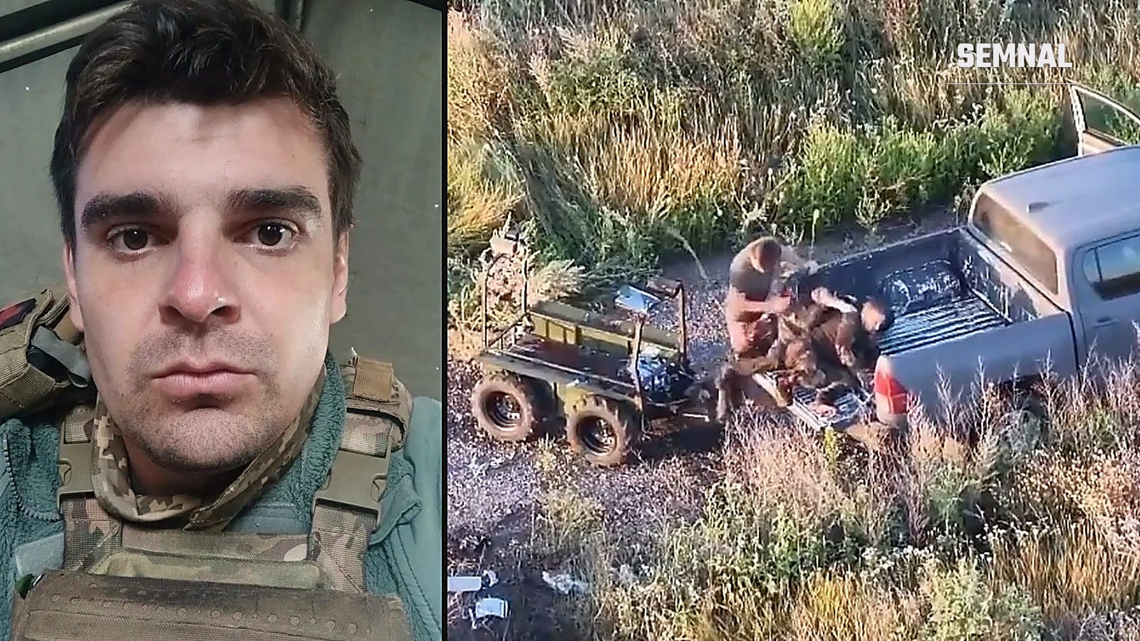 Portret al sublocotenentului ucrainean Vladislav Polski, alături de cadrul filmat din dronă în care mută doi militari răniți dintr-un robot terestru avariat în bena unui pickup
