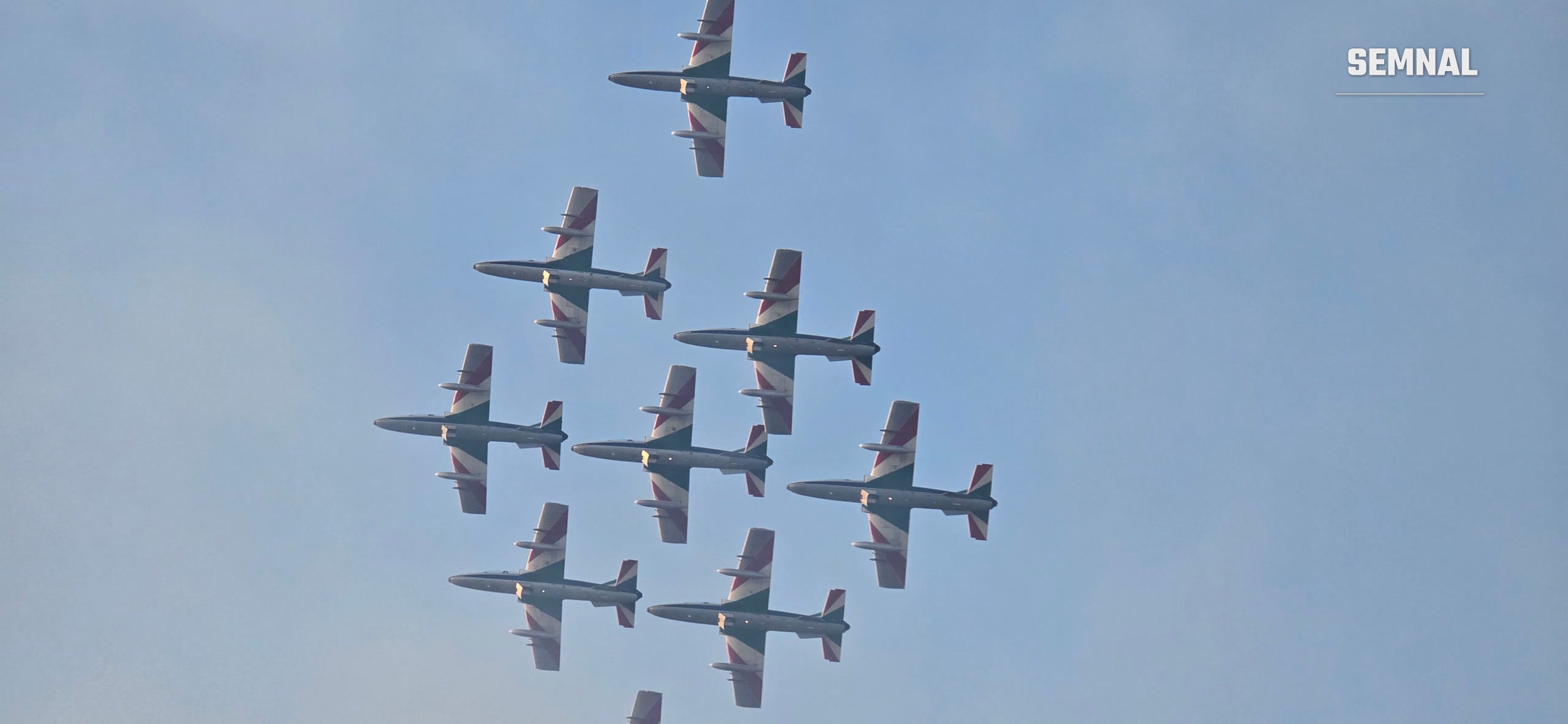 Formația completă de MB-339 în trecere deasupra Aeroportului Băneasa