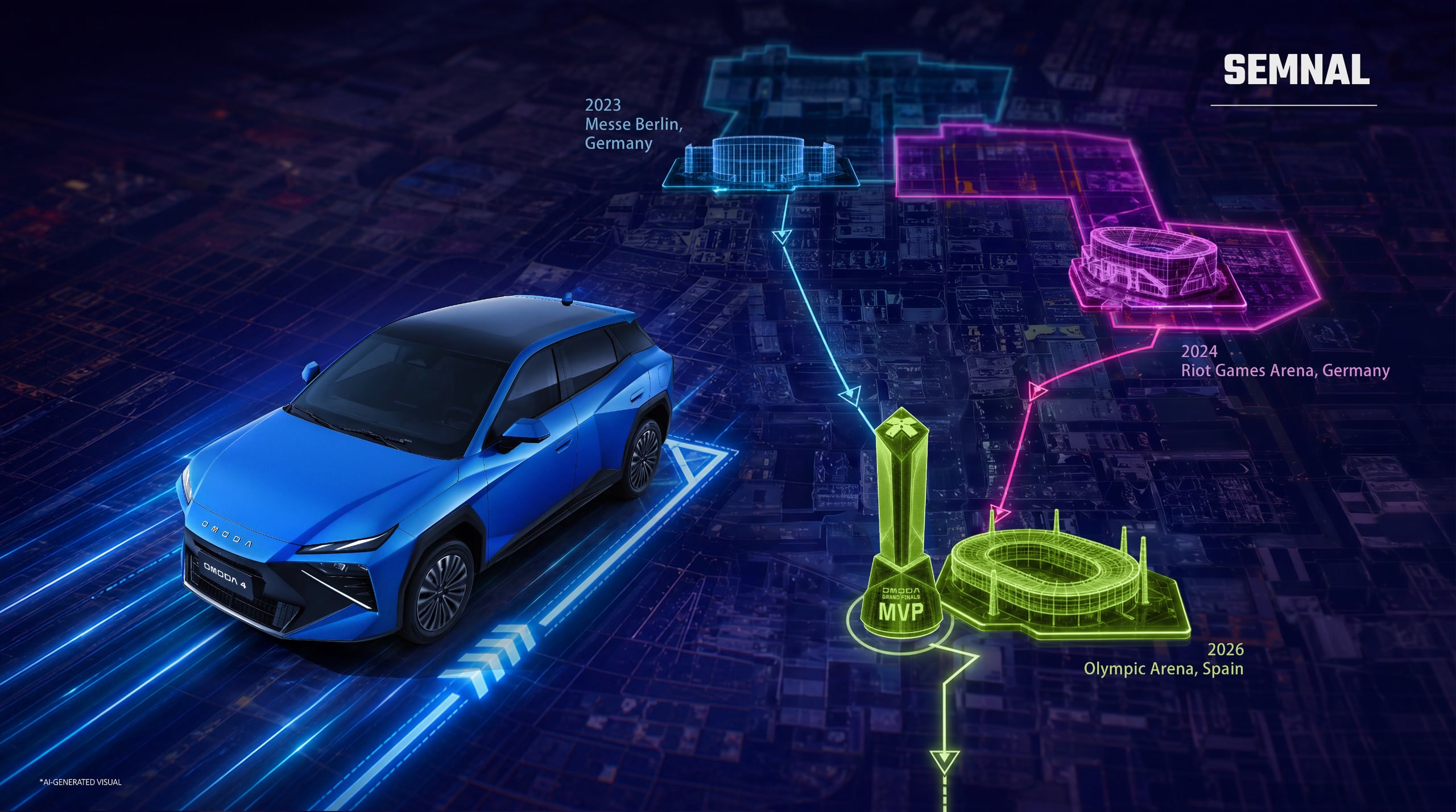 Traseul finalelor VCT EMEA, de la Berlin 2023 la Barcelona 2026, într-un vizual de campanie OMODA generat cu inteligență artificială