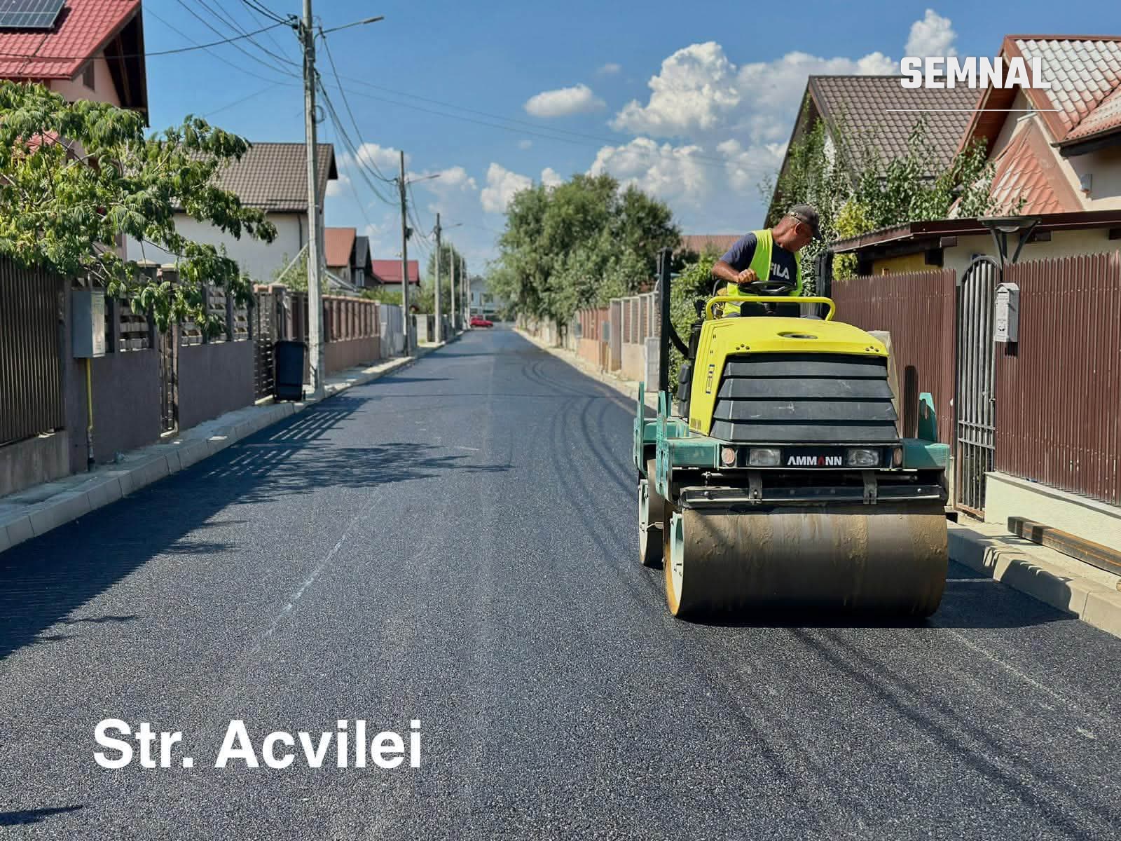 Strada Acvilei, în timpul cilindrării asfaltului