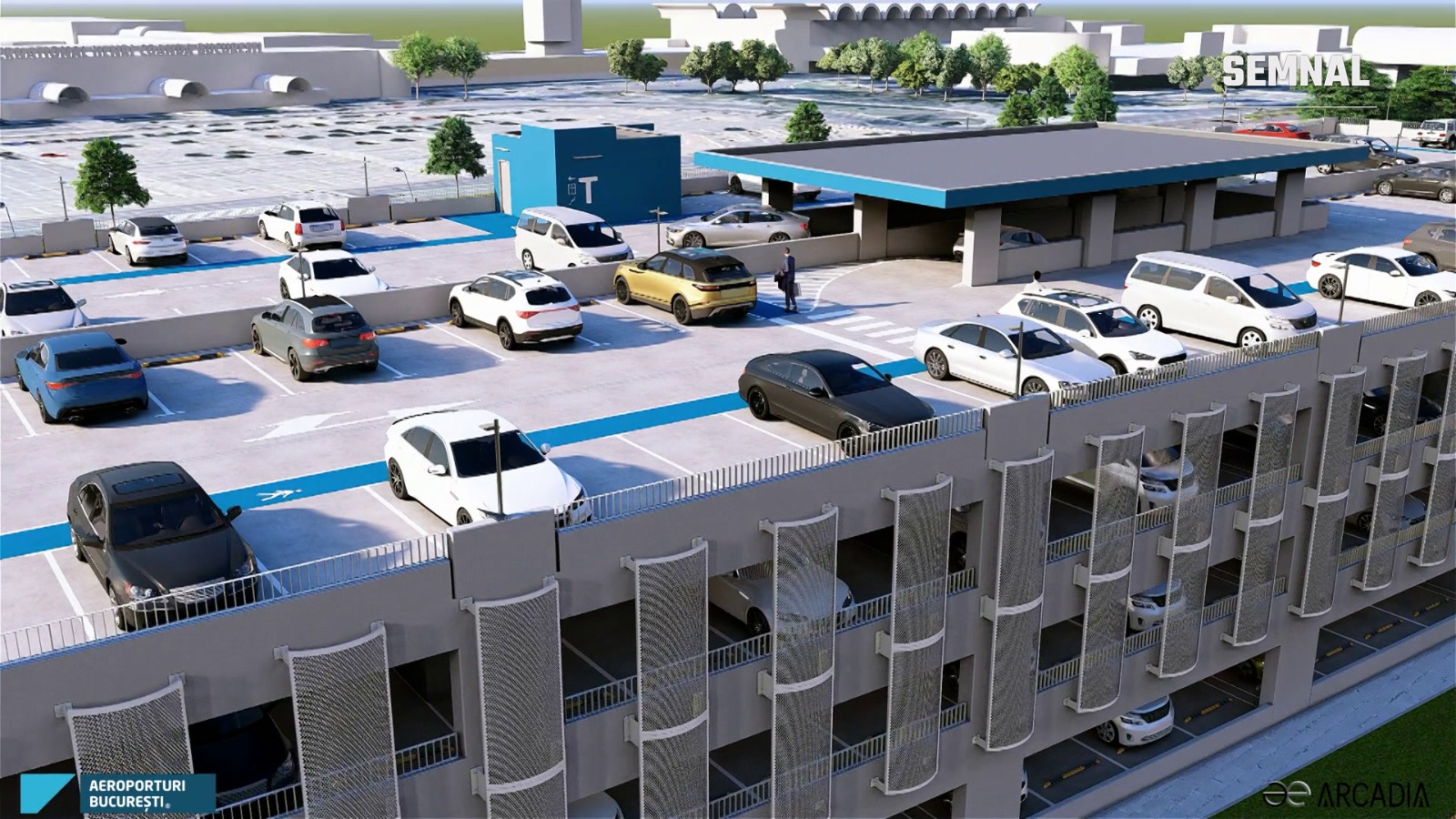 Ultimul nivel al parcării, prevăzut cu locuri descoperite și acces către terminal