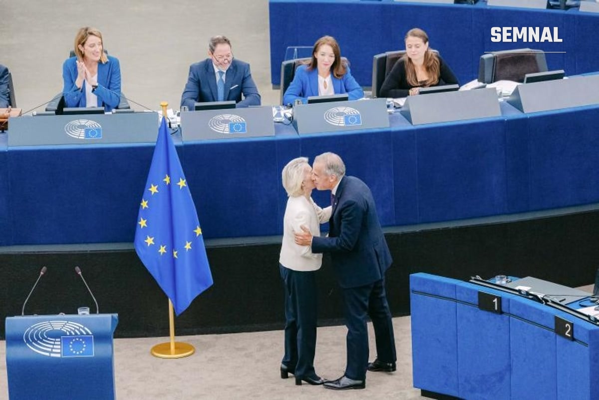 Ursula von der Leyen și premierul canadian Mark Carney la Parlamentul European din Strasbourg