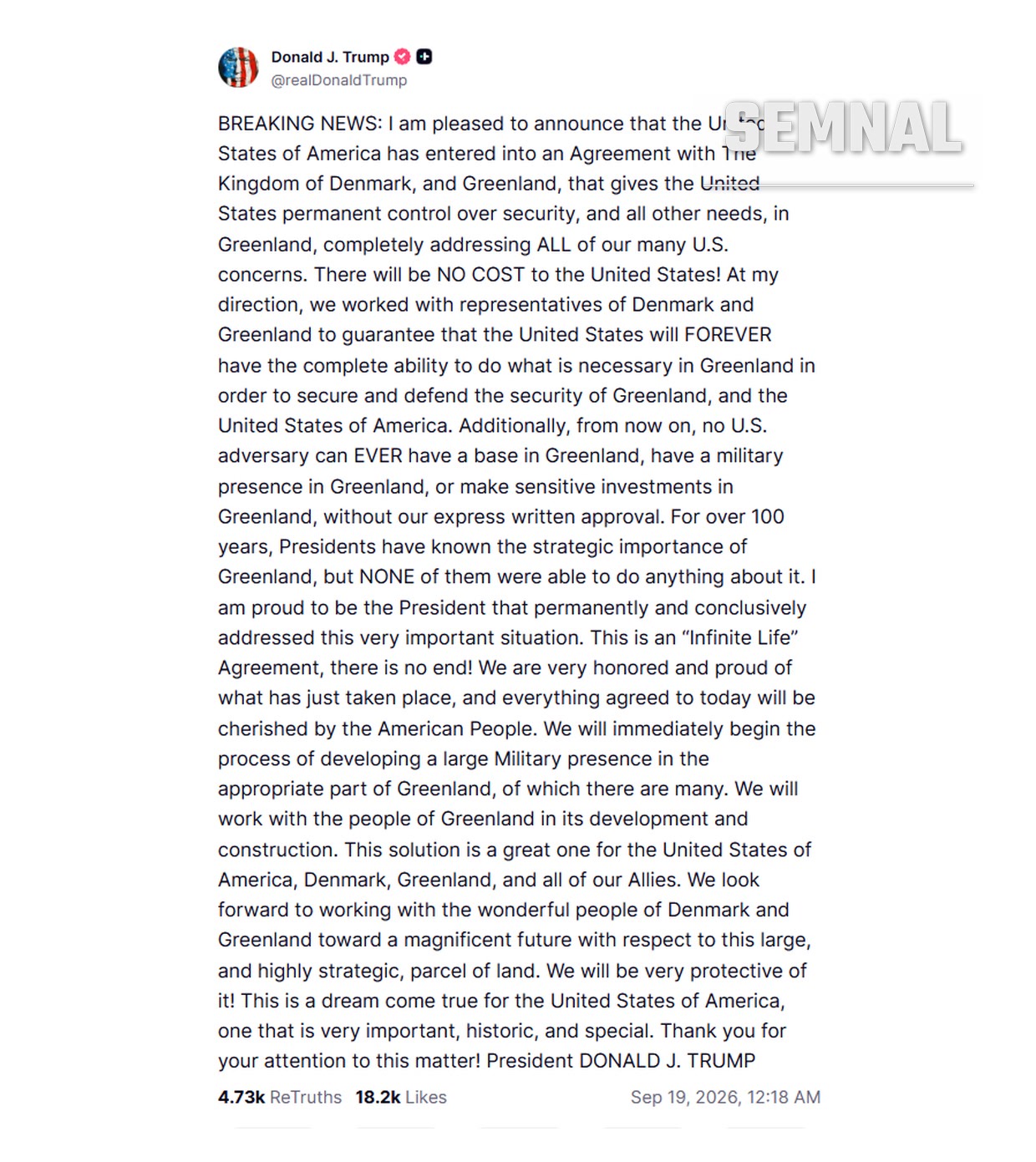 Postarea publicată de Donald Trump pe Truth Social în noaptea de 18 spre 19 septembrie 2026, în care anunță acordul privind Groenlanda