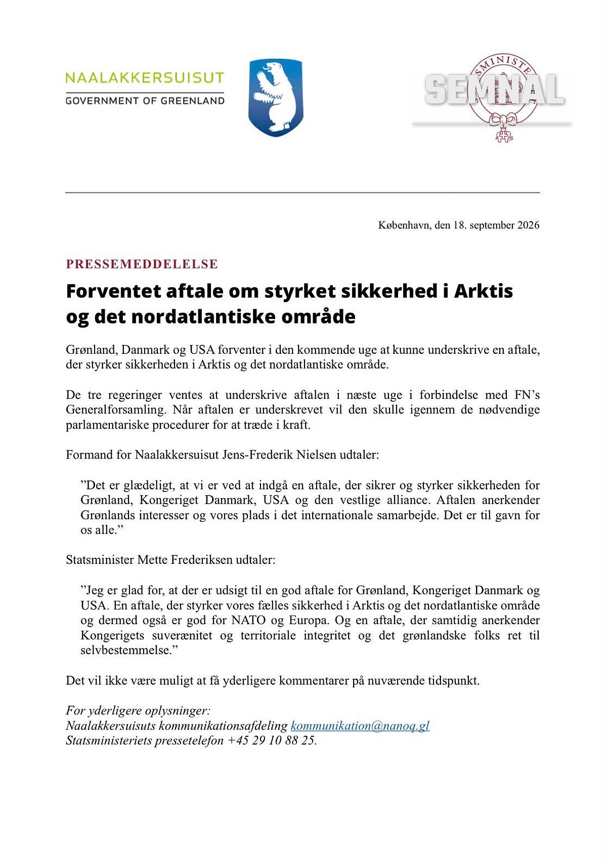 Comunicatul comun al guvernului Groenlandei și al cabinetului prim-ministrului danez, emis la Copenhaga pe 18 septembrie 2026