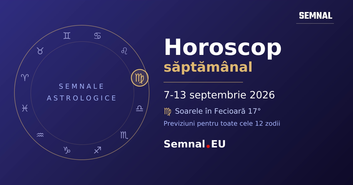 Roată zodiacală cu cele 12 semne, cu semnul în care se află Soarele evidențiat - horoscop săptămânal 7-13 septembrie 2026