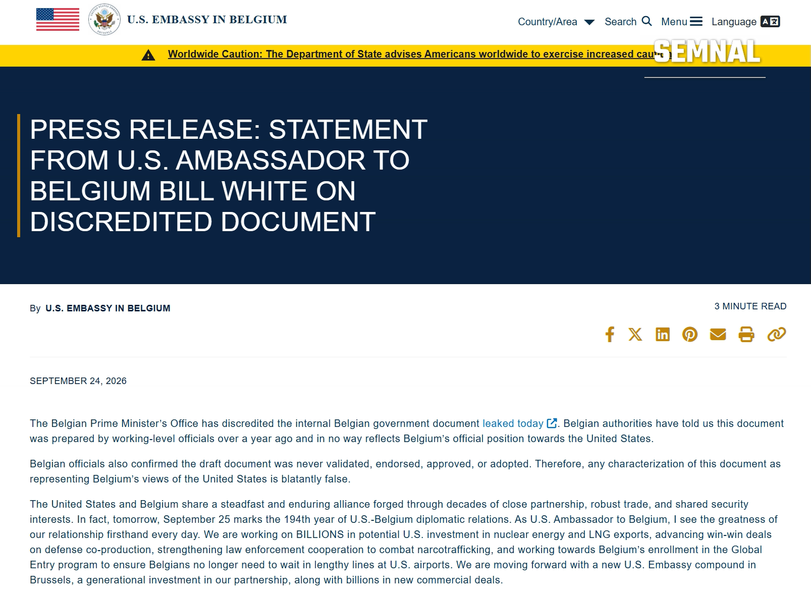 Comunicatul ambasadorului Bill White, publicat pe 24 septembrie 2026 pe site-ul Ambasadei SUA în Belgia (captură de ecran)