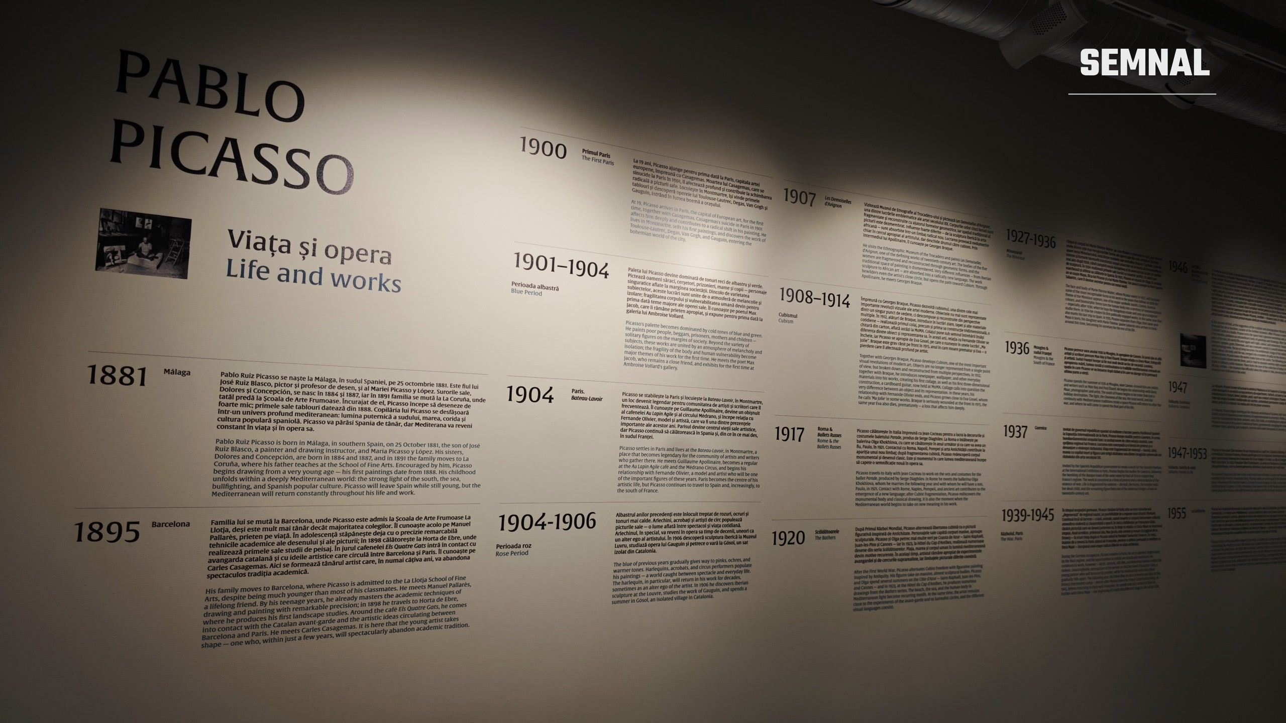 Cronologia vieții și operei lui Pablo Picasso, la intrarea în expoziție. Fotografie realizată de Lucian Dinu