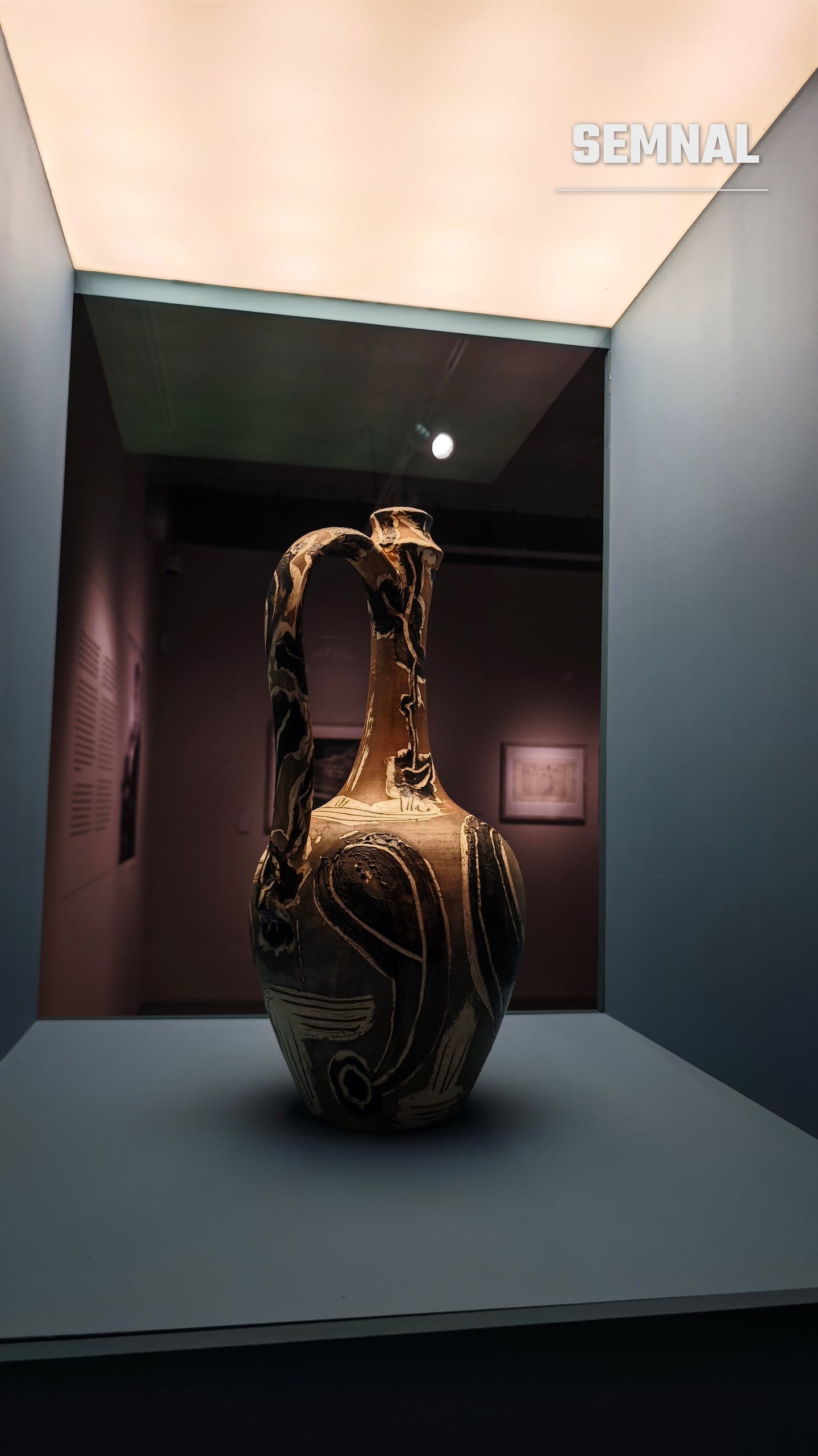 Vas din ceramică decorat cu motive gravate, expus într-o vitrină. Fotografie realizată de Lucian Dinu
