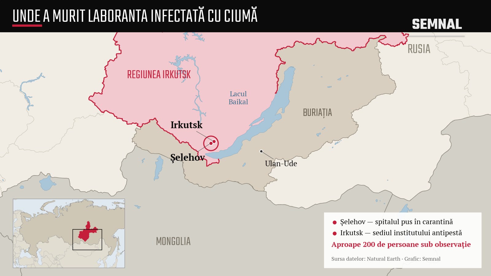 Harta zonei: orașul Șelehov, unde laboranta a fost internată, și Irkutsk, sediul institutului antipestă, lângă Lacul Baikal. Grafic: Semnal, date cartografice Natural Earth