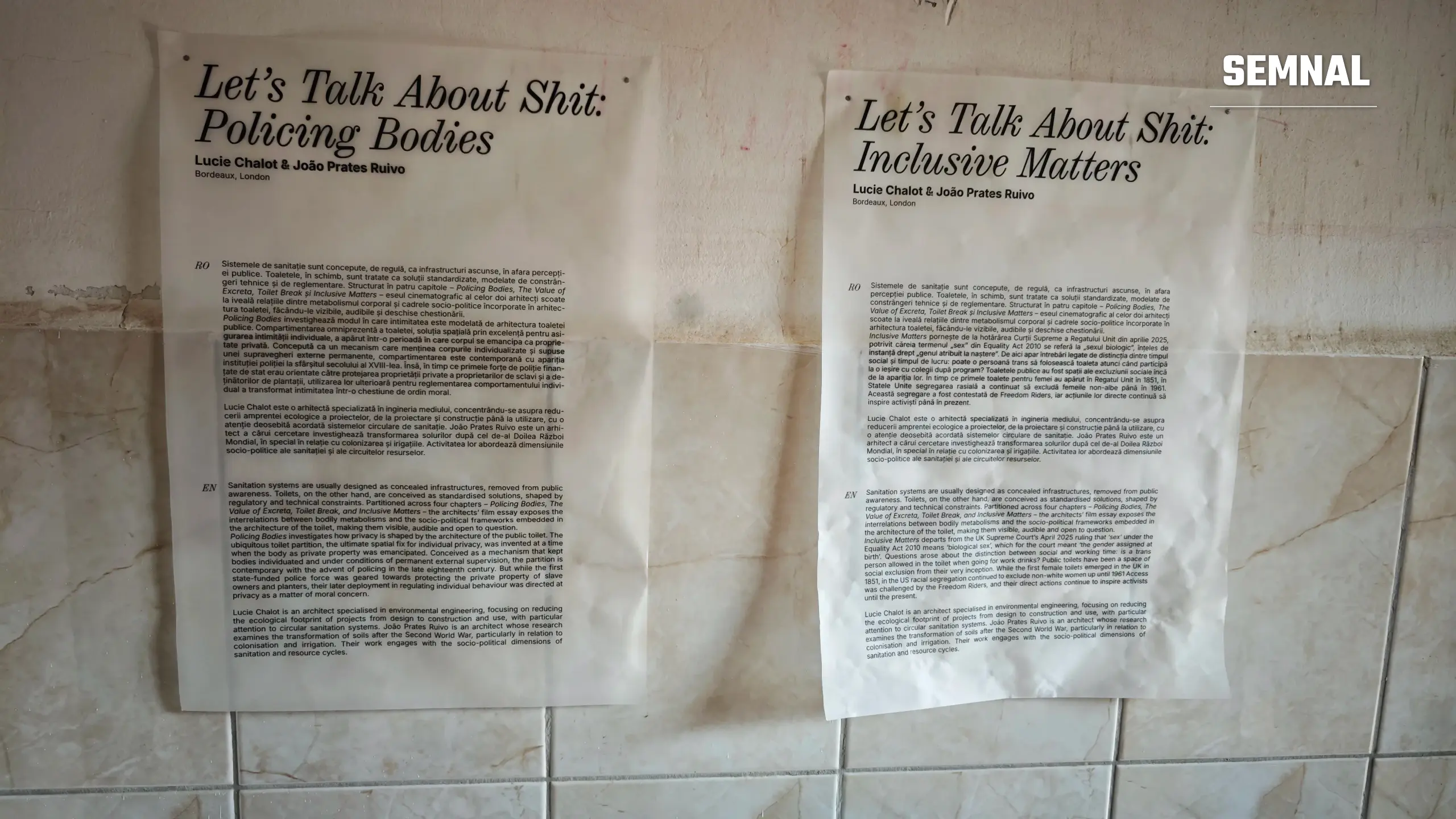 Panourile de prezentare ale proiectului „Let’s Talk About Shit”, de Lucie Chalot și João Prates Ruivo. Fotografie realizată de Lucian Dinu