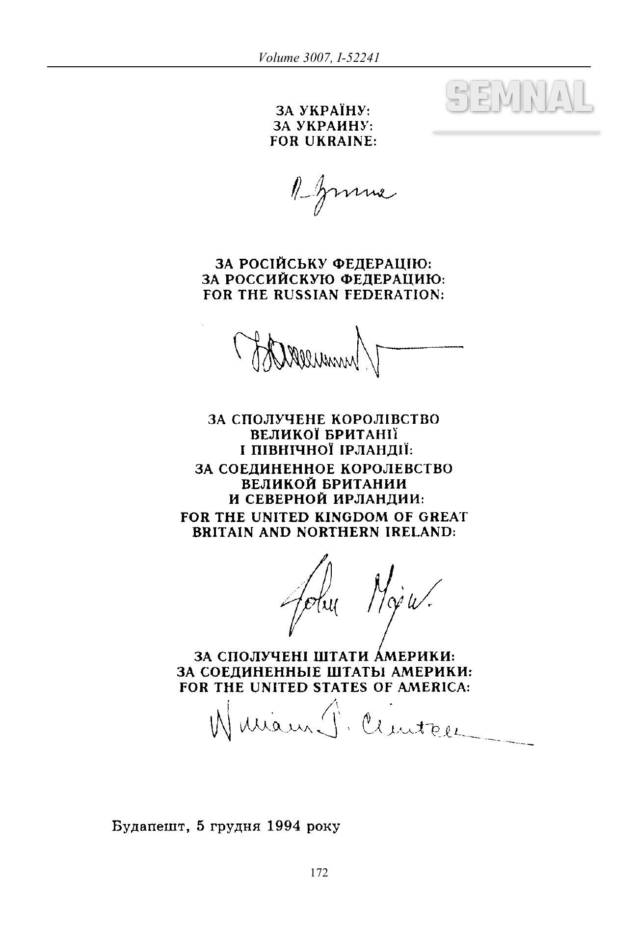 Pagina de semnături a memorandumului: Leonid Kuciuma, Boris Elțin, John Major și Bill Clinton. Sursa: ONU, United Nations Treaty Series