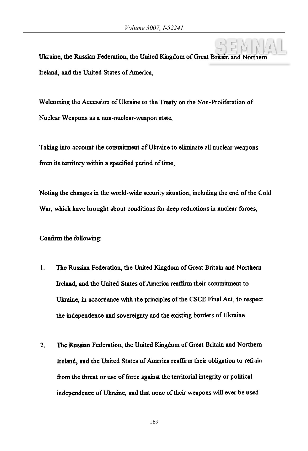 Preambulul și primele două puncte ale memorandumului, în versiunea în limba engleză. Sursa: ONU, United Nations Treaty Series