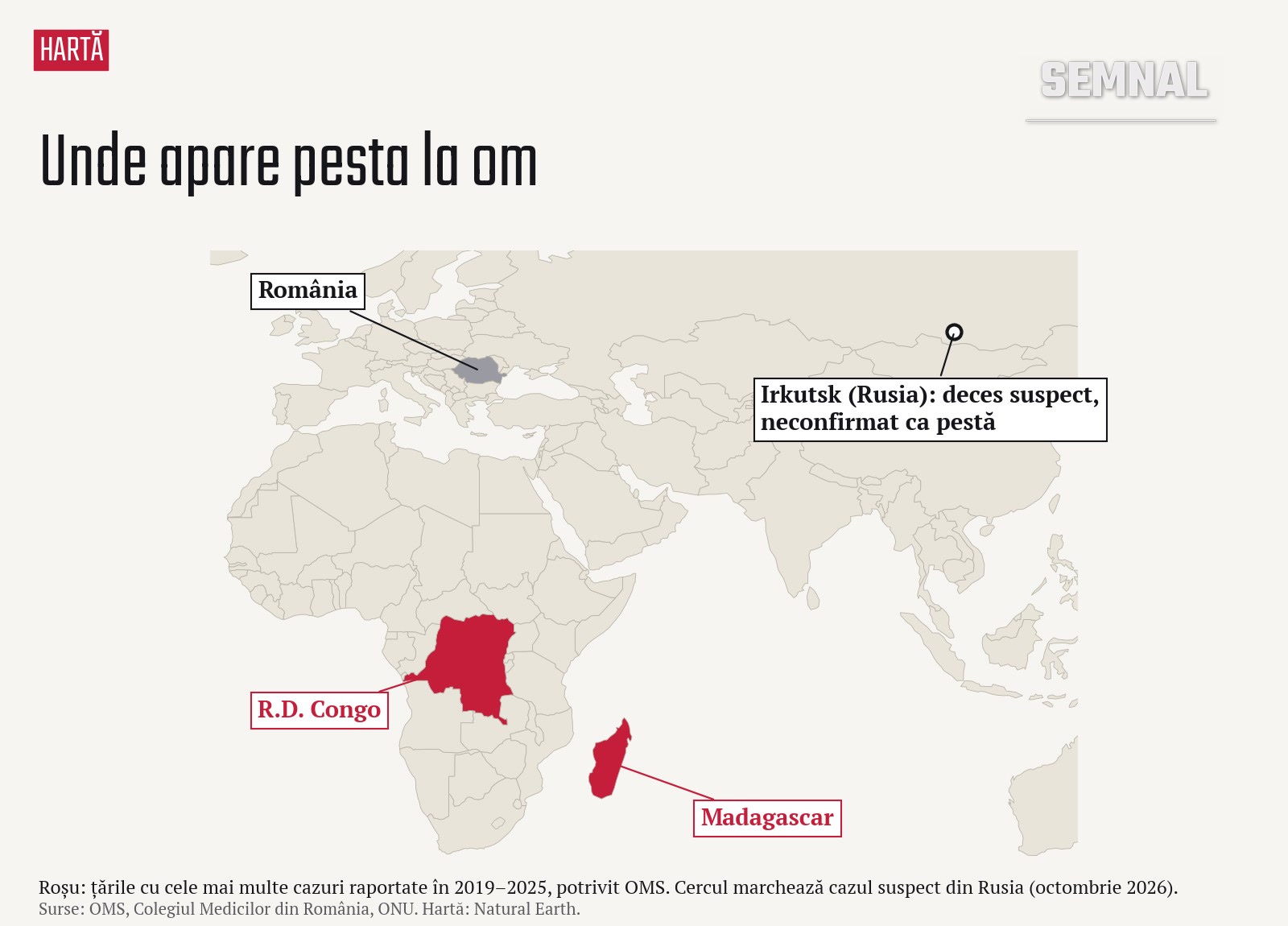 Hartă Semnal: țările cu cele mai multe cazuri de ciumă raportate în 2019-2025, potrivit OMS, și localizarea cazului suspect din Irkutsk, Rusia