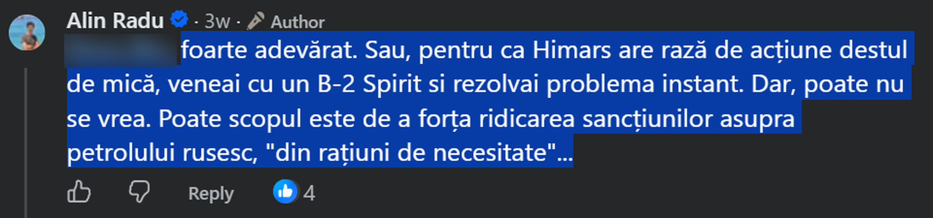 Comentariul publicat de Alin Radu pe Facebook, pe 13 septembrie 2026, la articolul Semnal despre luptele din Yemen. Captură Facebook