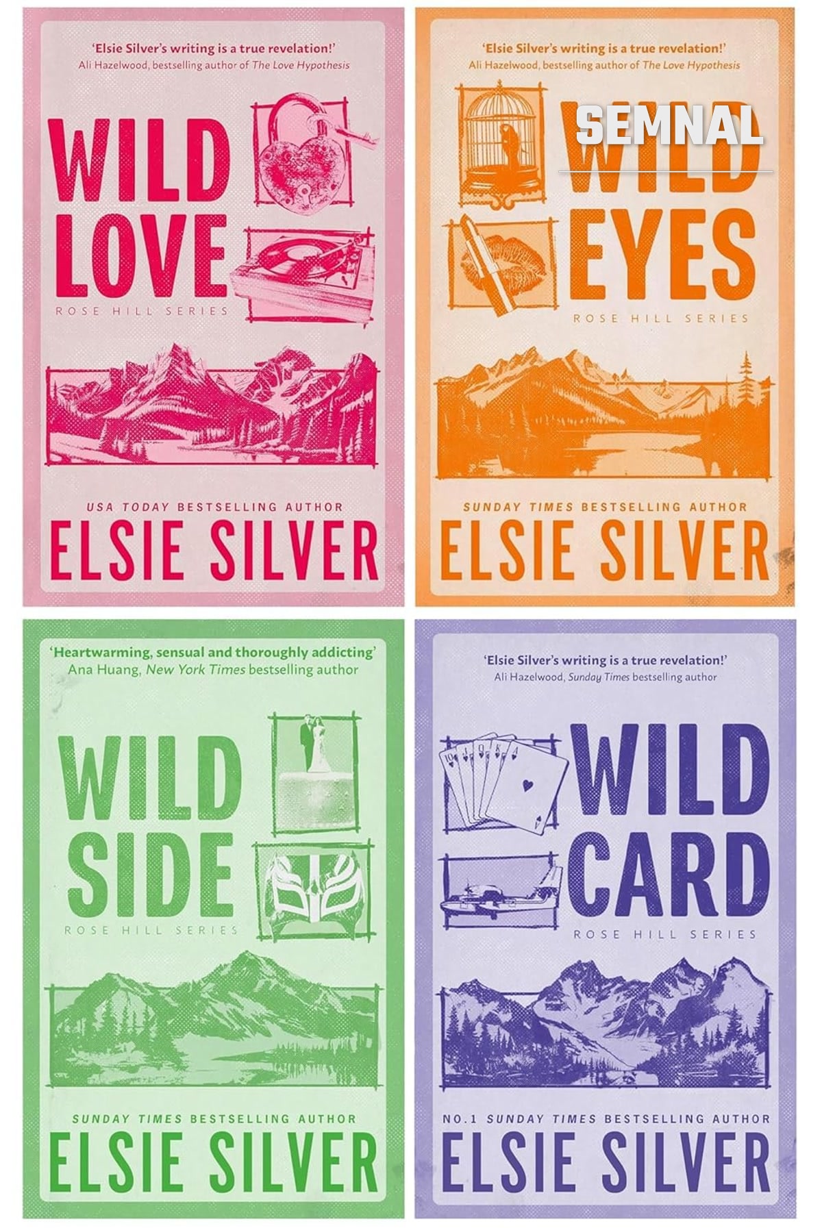 Copertele celor patru volume din seria „Rose Hill” de Elsie Silver: „Wild Love”, „Wild Eyes”, „Wild Side” și „Wild Card”
