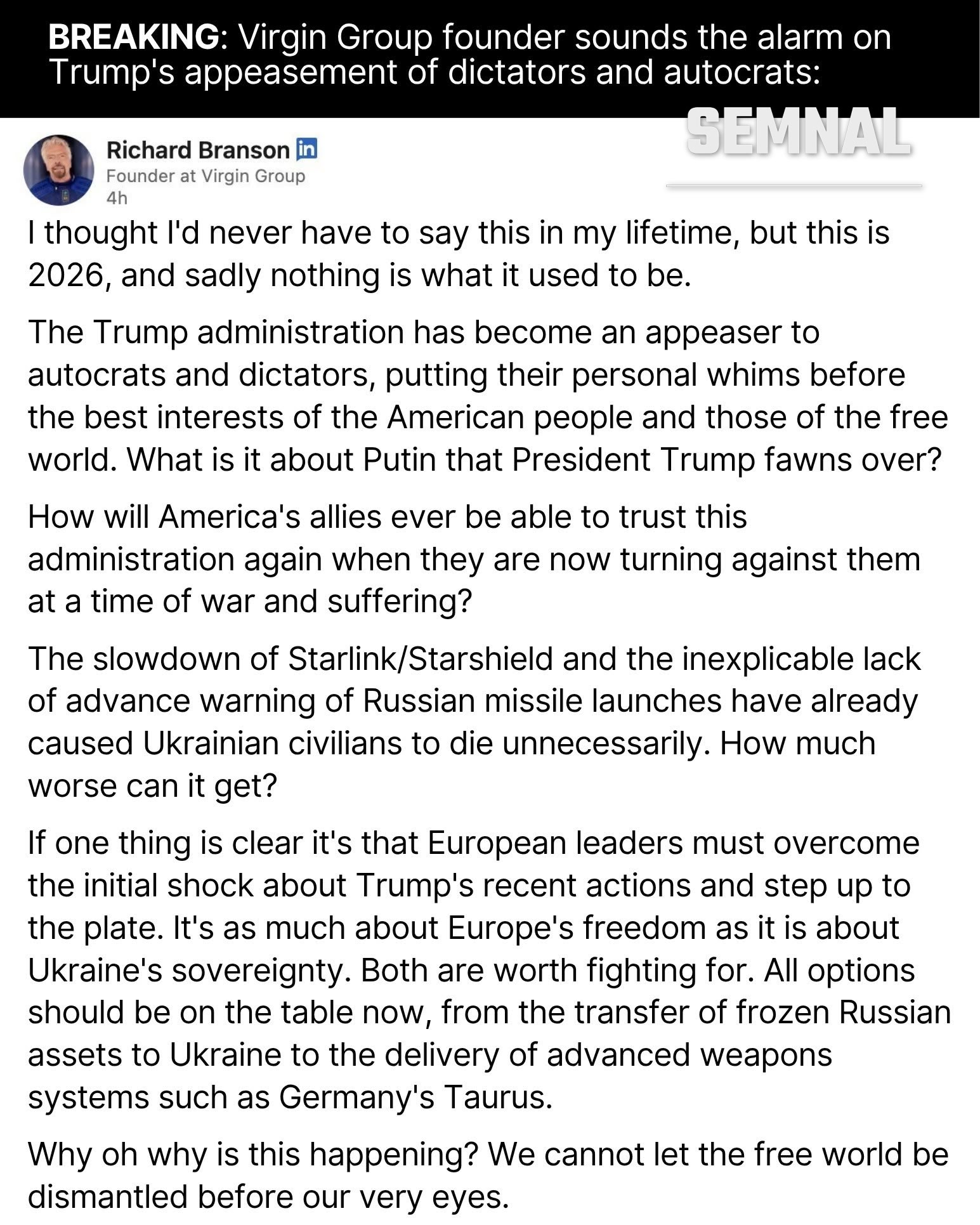 Postarea lui Richard Branson pe LinkedIn în care critică administrația Trump