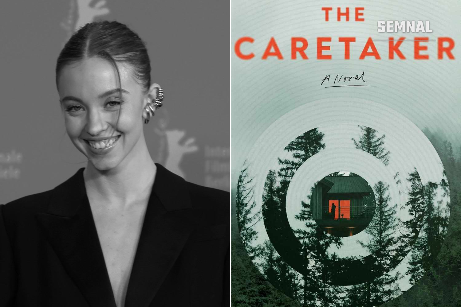 Sydney Sweeney și coperta romanului „The Caretaker” de Marcus Kliewer. Foto stânga: Elena Ternovaja / Wikimedia Commons, CC BY-SA 3.0, imagine modificată