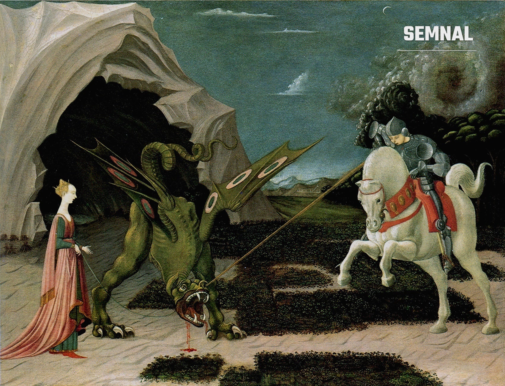Sfântul Gheorghe înfruntă dragonul la intrarea într-o peșteră, pictură de Paolo Uccello, în jurul anului 1470 (Wikimedia Commons, domeniu public)