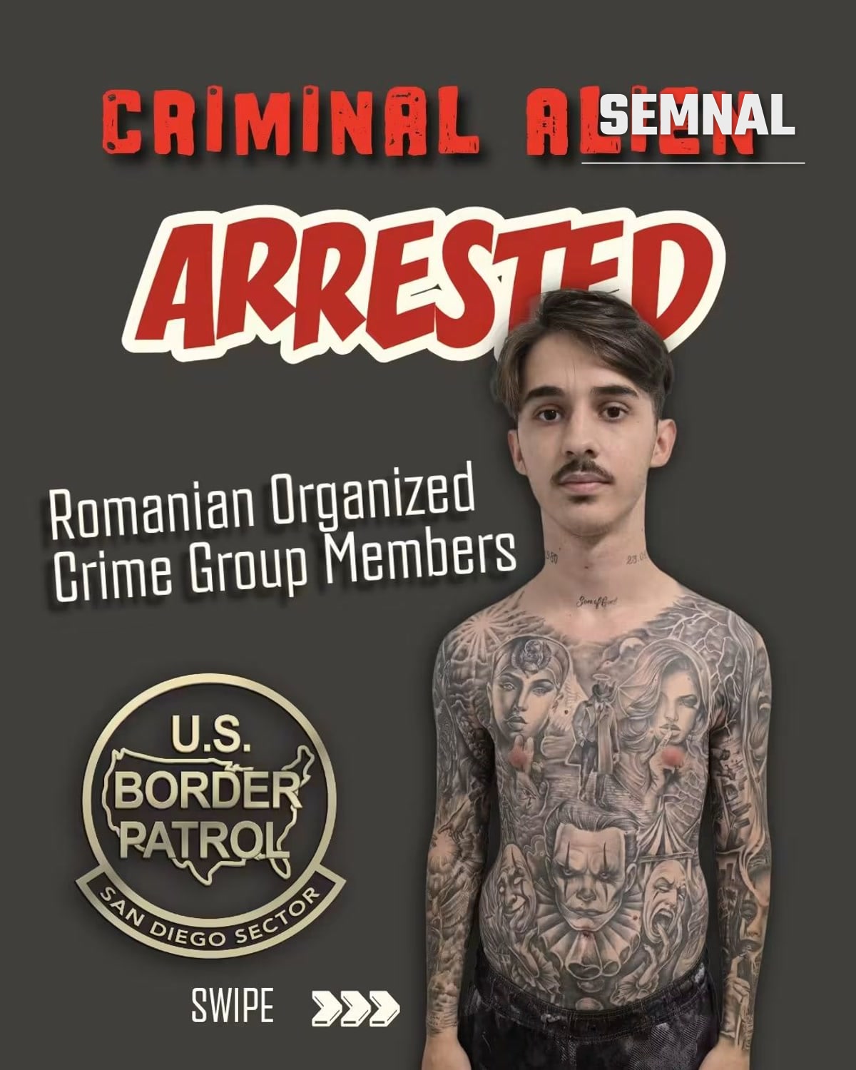Primul dintre cei trei români arestați, tânăr cu tatuaje pe piept și brațe (Foto: U.S. Border Patrol San Diego Sector)