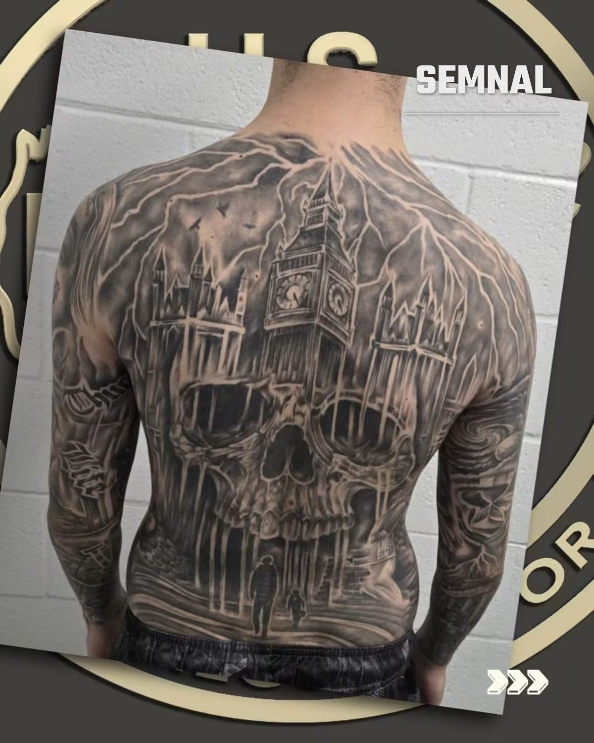 Tatuaj pe spatele unuia dintre cei arestați, cu Big Ben și un craniu (Foto: U.S. Border Patrol San Diego Sector)