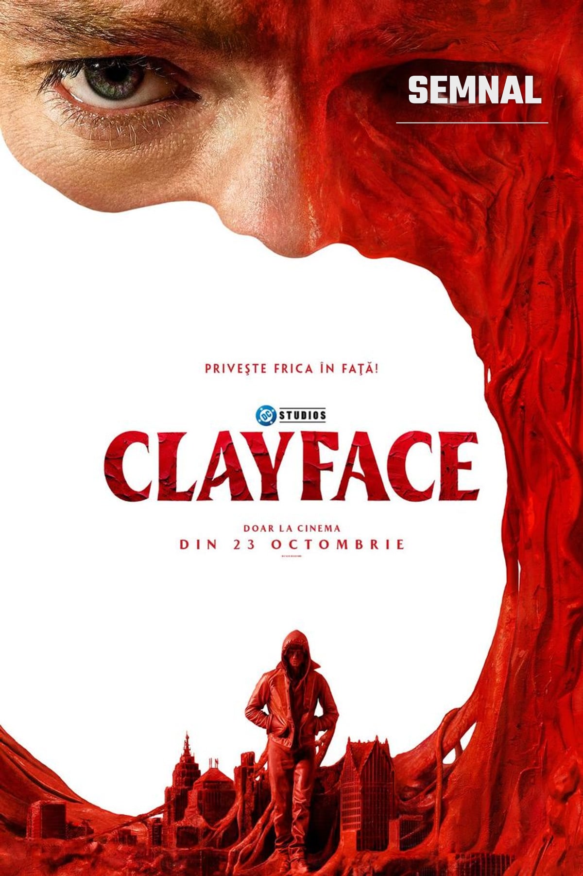 Afișul filmului „Clayface”, cu chipul personajului pe jumătate transformat în lut roșu. Sursa: Cineplexx