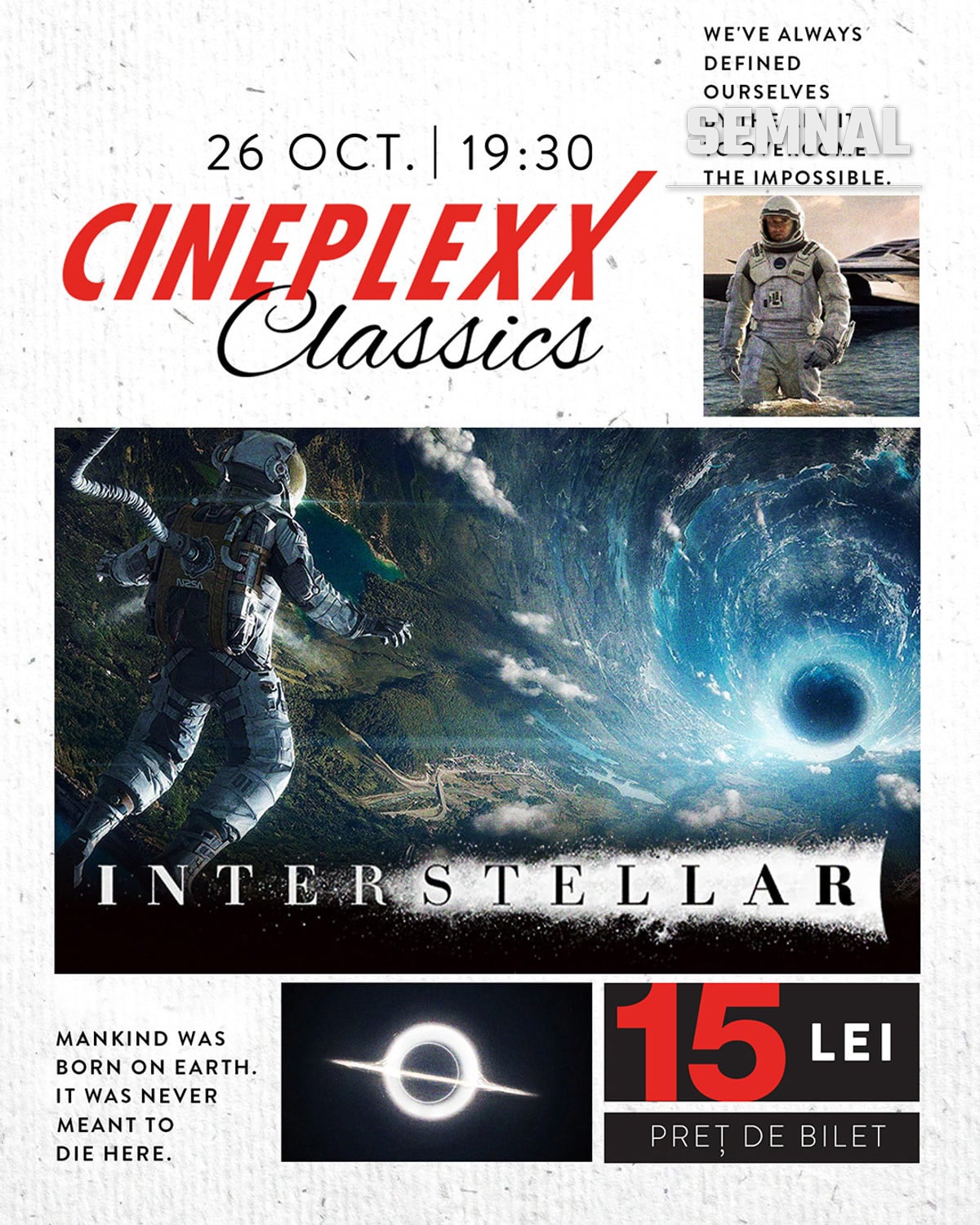 Afișul Cineplexx Classics pentru „Interstellar”, cu un astronaut în apropierea unei găuri negre. Sursa: Cineplexx