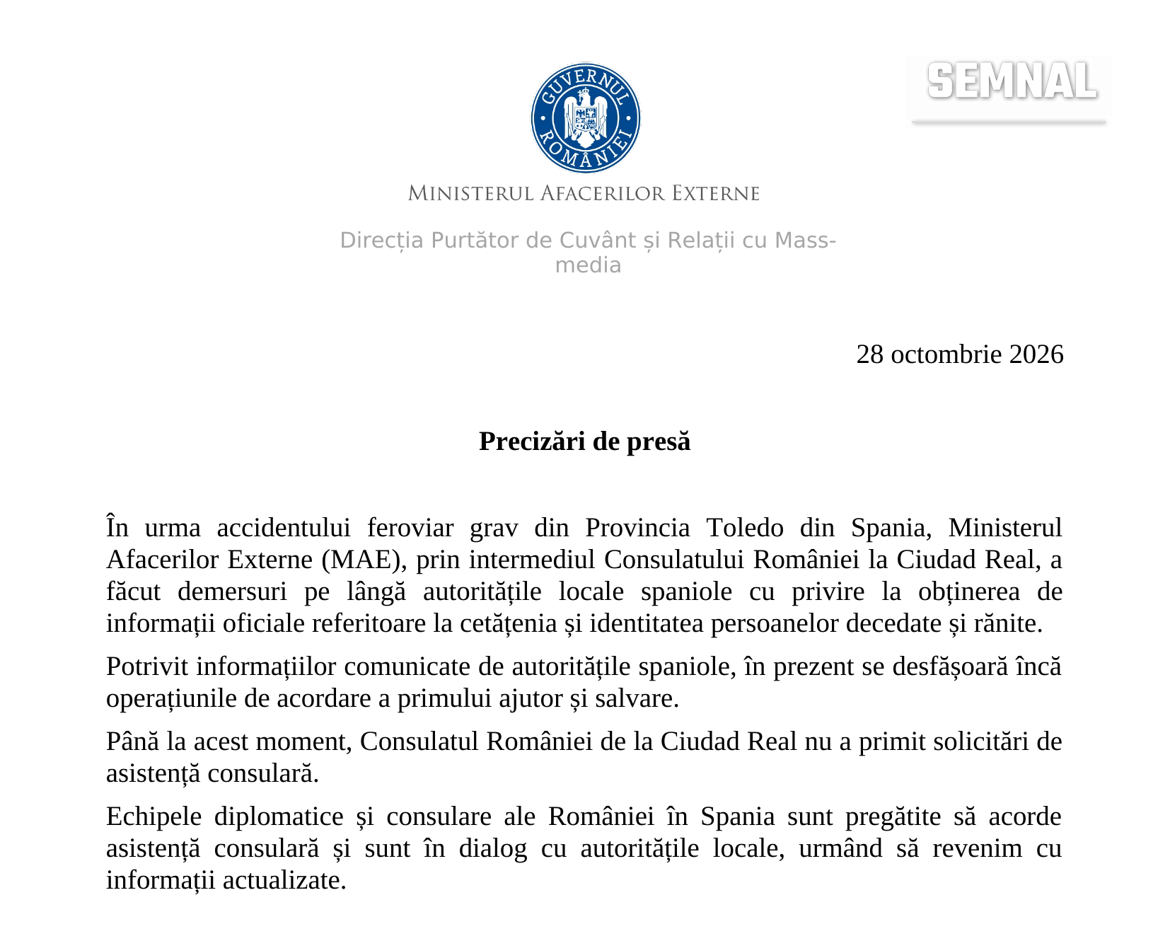 Precizările de presă ale MAE din 28 octombrie 2026, redate după documentul primit de redacție