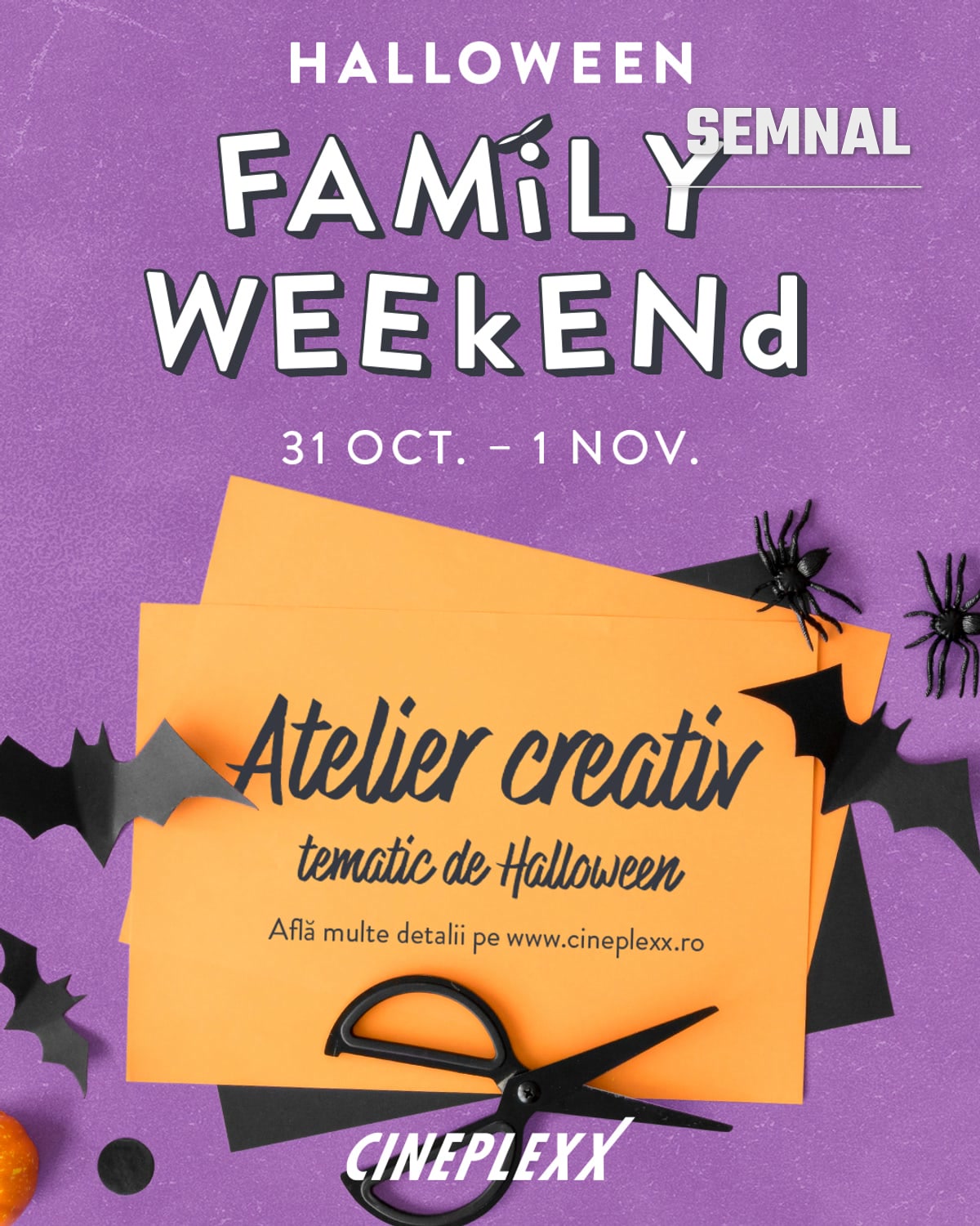 Grafica Halloween Family Weekend: hârtie portocalie cu textul Atelier creativ tematic de Halloween, pe fond mov, cu lilieci de hârtie și păianjeni decorativi