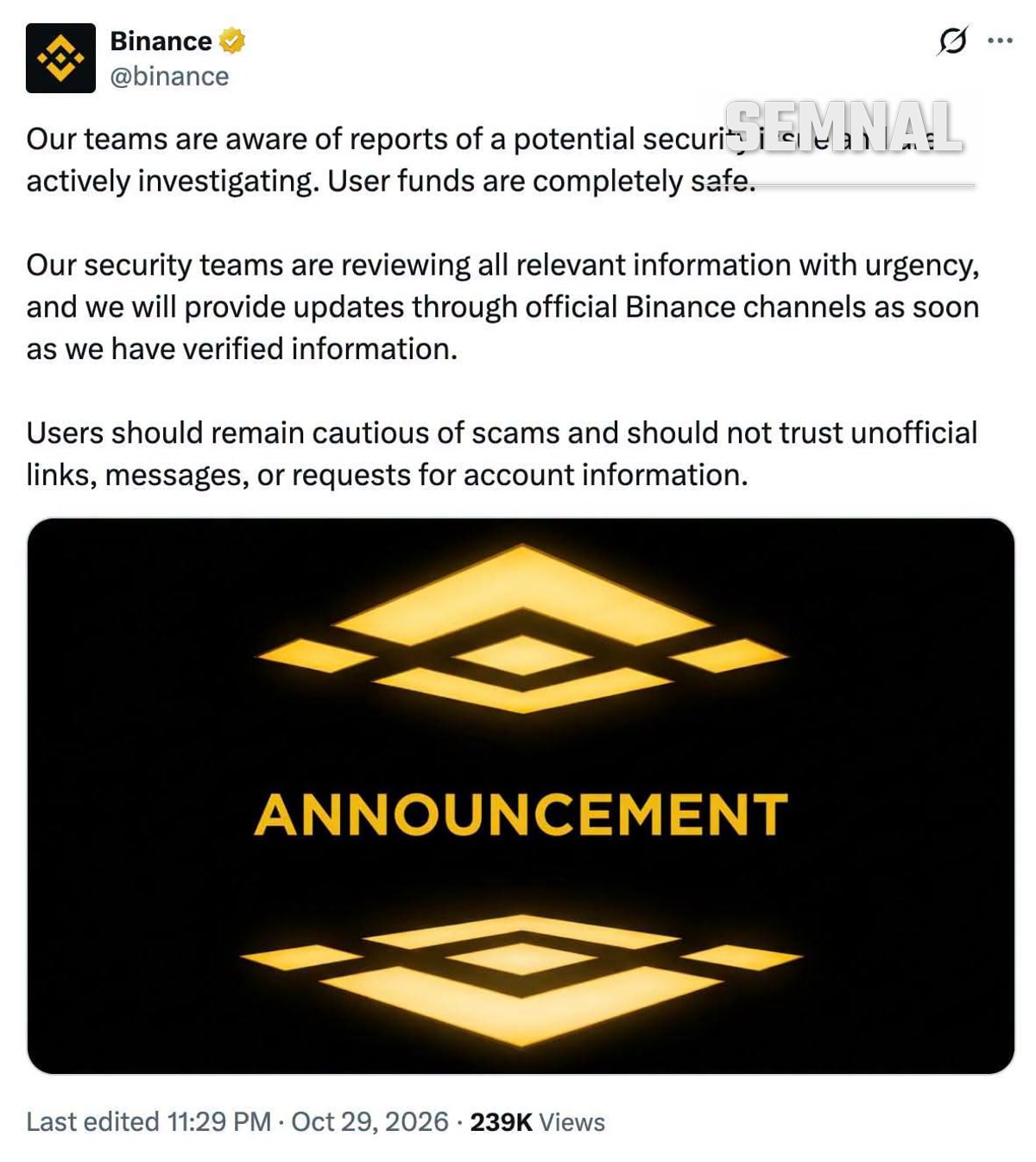 Mesajul publicat de Binance pe X după semnalarea transferurilor suspecte (captură X / @binance)