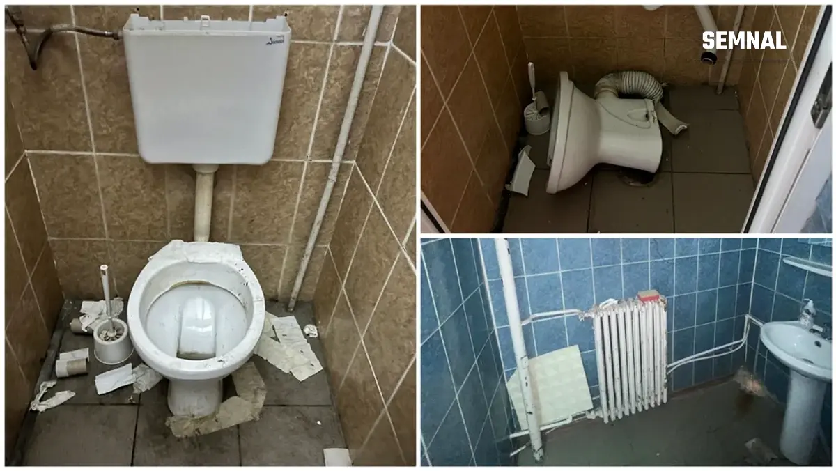 In imagini apar vase de wc insalubre, distruse, o chiuvetă și un calorifer defect.