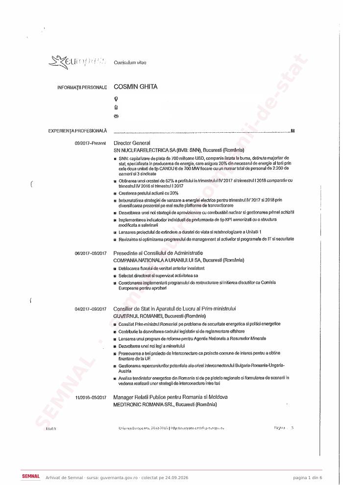 Prima pagină din CV-ul lui Cosmin Ghiță, Director General la Societatea Națională „Nuclearelectrica” SA
