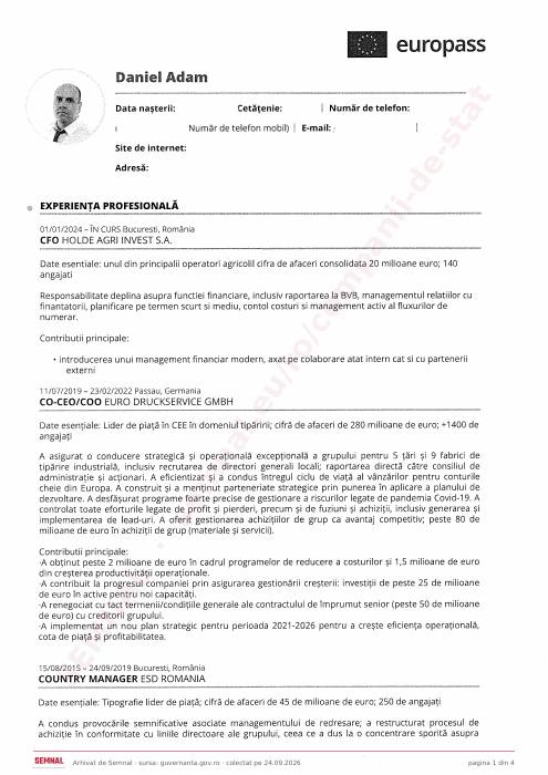 Prima pagină din CV-ul lui Daniel Adam, Director Financiar la Societatea Națională „Nuclearelectrica” SA
