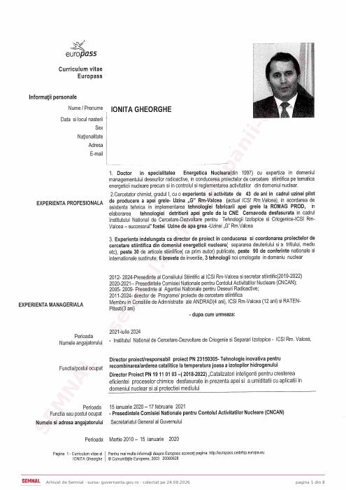 Prima pagină din CV-ul lui Gheorghe Ioniţă, Membru în Consiliul de Administrație la Societatea Națională „Nuclearelectrica” SA