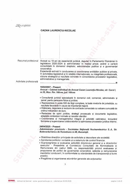 Prima pagină din CV-ul lui Laurenţiu Nicolae Cazan, Președintele Consiliului de Administrație la Societatea Națională „Nuclearelectrica” SA