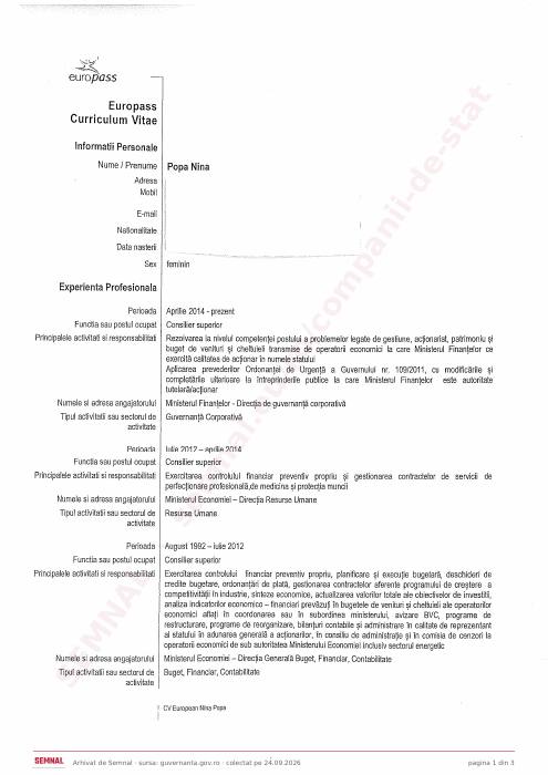Prima pagină din CV-ul lui Nina Popa, Membru în Consiliul de Administrație la Societatea Națională „Nuclearelectrica” SA