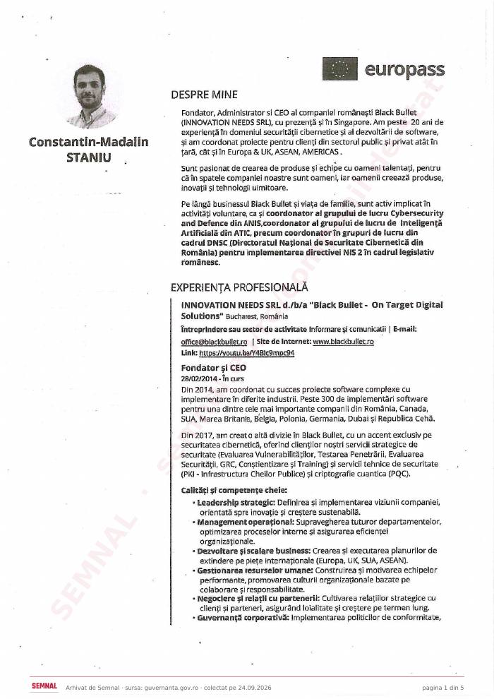 Prima pagină din CV-ul lui Constantin Mădălin Staniu, Membru în Consiliul de Administrație Provizoriu la Societatea Națională de Radiocomunicații SA