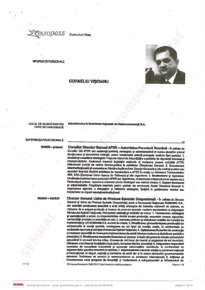 Prima pagină din CV-ul lui Corneliu Vișoianu, Președintele Consiliului de Administrație proivizoriu la Societatea Națională de Radiocomunicații SA