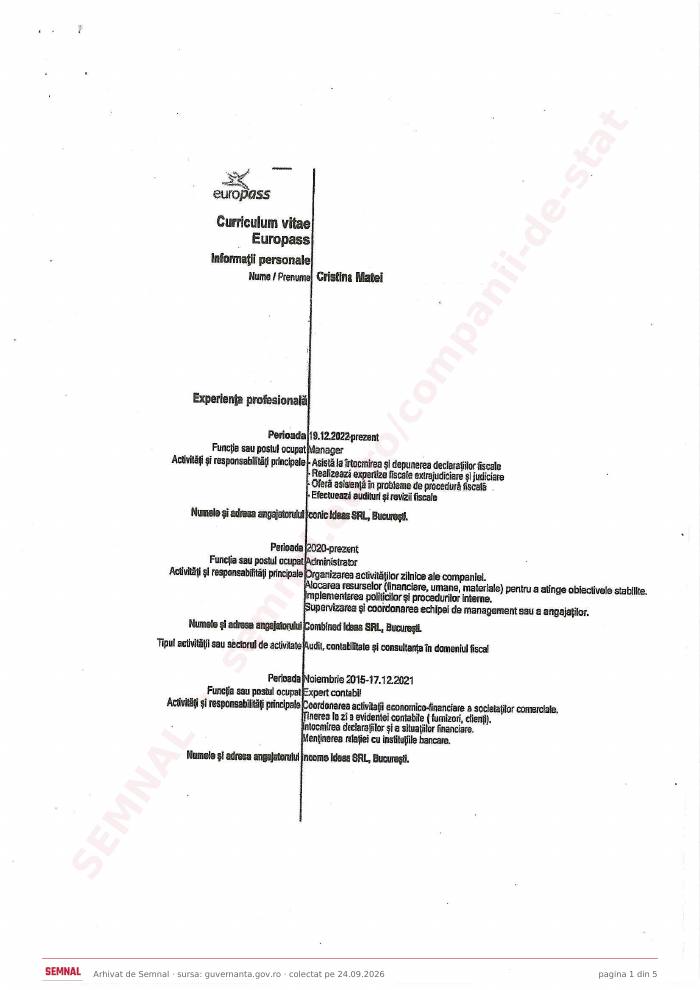 Prima pagină din CV-ul lui Cristina Matei, Membru în Consiliul de Administrație Provizoriu la Societatea Națională de Radiocomunicații SA