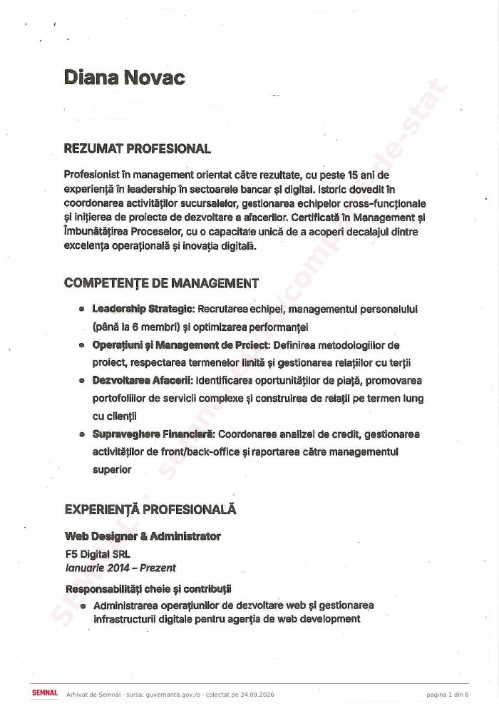 Prima pagină din CV-ul lui Diana Olivia Novac, Membru în Consiliul de Administrație Provizoriu la Societatea Națională de Radiocomunicații SA