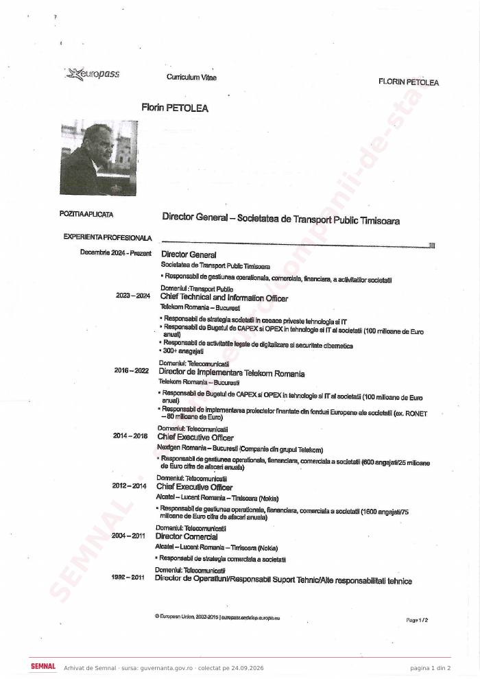 Prima pagină din CV-ul lui Florin Petolea, Membru în Consiliul de Administrație Provizoriu la Societatea Națională de Radiocomunicații SA