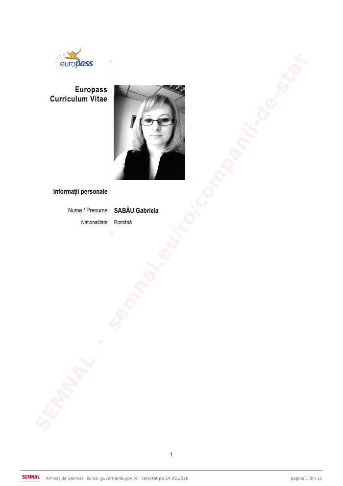 Prima pagină din CV-ul lui Gabriela Sabău, Director Financiar la Societatea Națională de Radiocomunicații SA