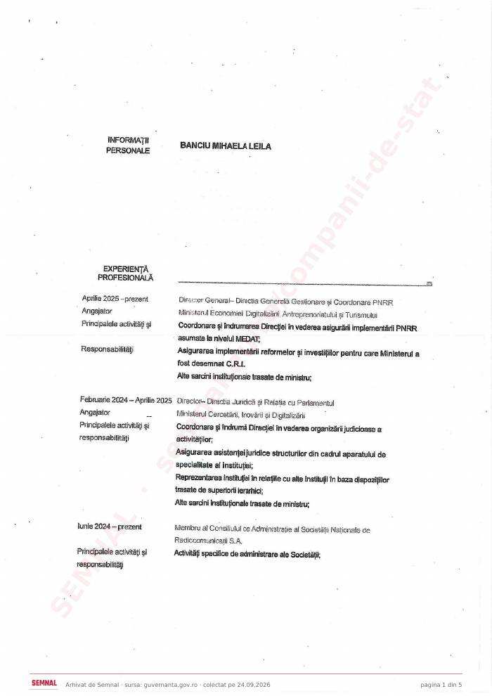 Prima pagină din CV-ul lui Mihaela Leila Banciu, Membru în Consiliul de Administrație Provizoriu la Societatea Națională de Radiocomunicații SA
