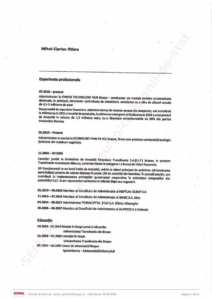 Prima pagină din CV-ul lui Mihai Ciprian Iftime, Membru în Consiliul de Administrație Provizoriu la Societatea Națională de Radiocomunicații SA