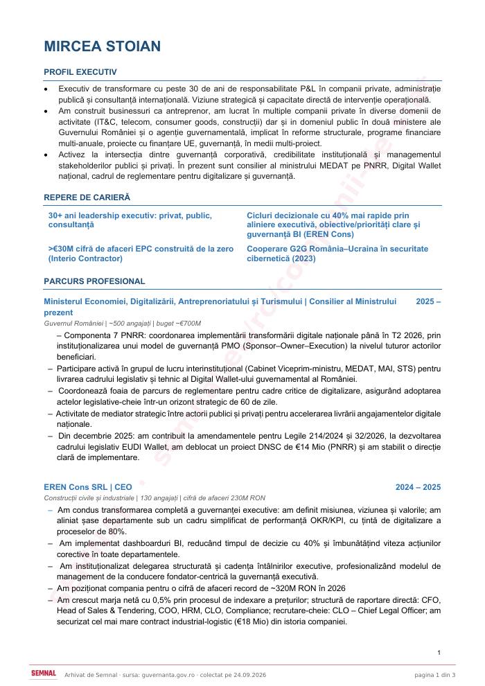 Prima pagină din CV-ul lui Mircea Stoian, Director General la Societatea Națională de Radiocomunicații SA